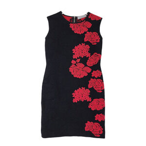 D. Exterior Black Red Rose Embossed Sleeveless Mini Dress S Wool Floral Sheath